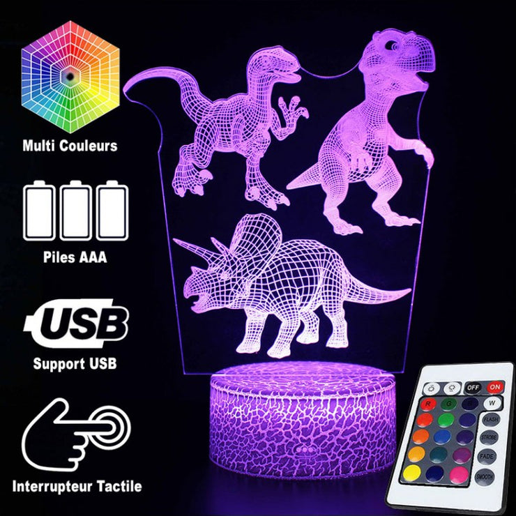 Lampe 3D Dinosaure Vélociraptor Tricératops & T-Rex